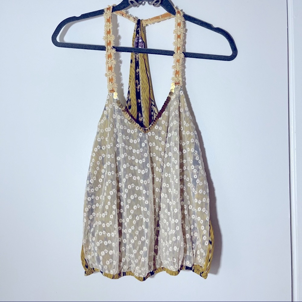 💕 Free People Gold & Lace T-Back Tank S